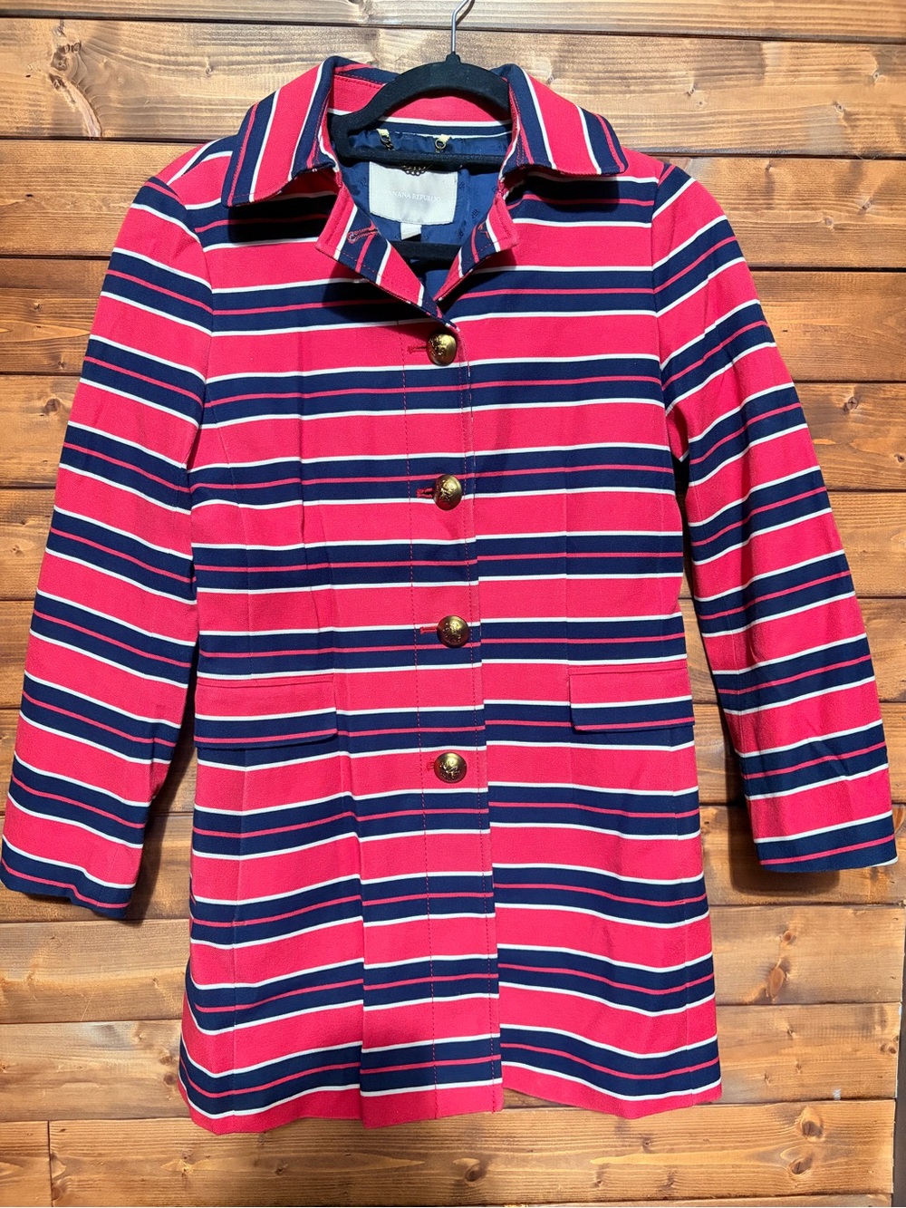 Banana Republic Red & Navy Striped Pea Coat Golden Buttons